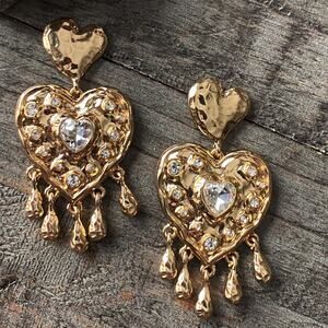 NEW Gold Rhinestone Heart Drop Earrings